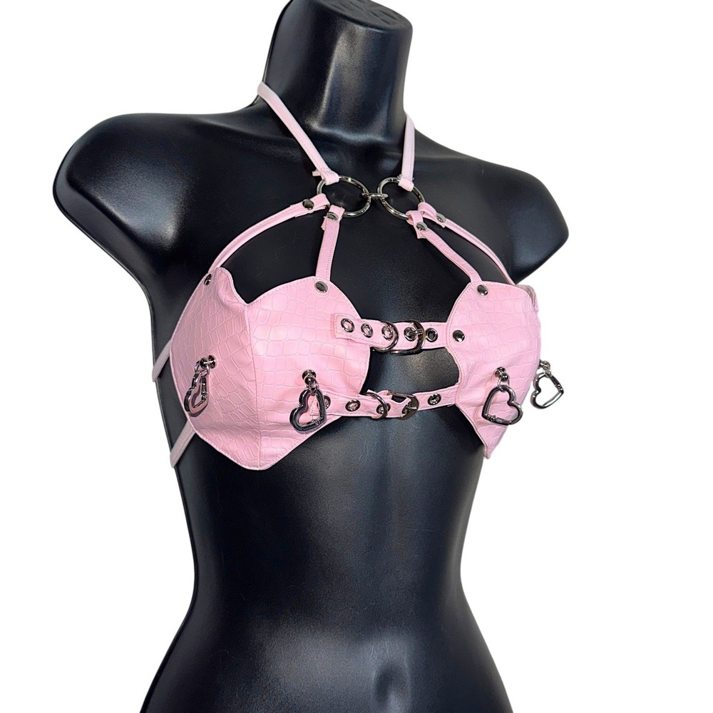 Medium Pink Croc Embossed Faux Leather Heart Harness Bralette Festival Rave Top